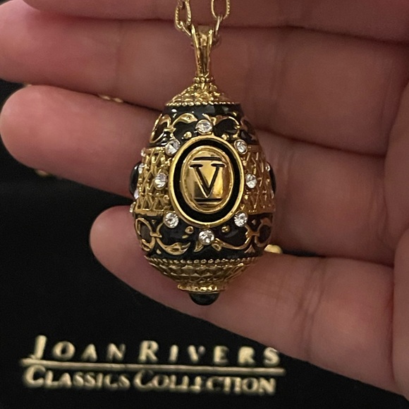 Joan Rivers Jewelry - Joan Rivers Faberge style black enamel diamanté gold tone metal V Pendant